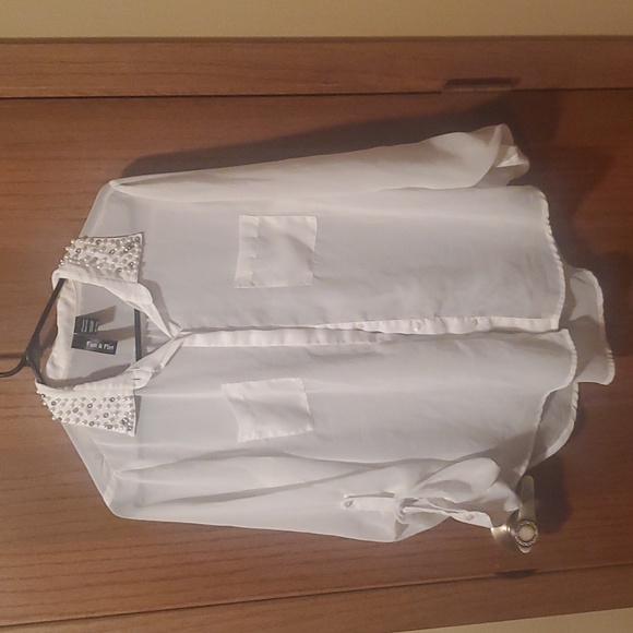 Size L See Through White Rhinestone/Pearl Button Down Blouse - Picture 1 of 3